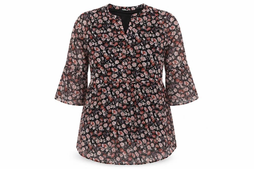 Front view of Jacqueline de Yong women’s floral tunic blouse, size UK 14, multicolour