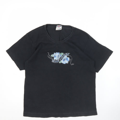Russell Women Black L Embroidered Cotton Stretch T-Shirt