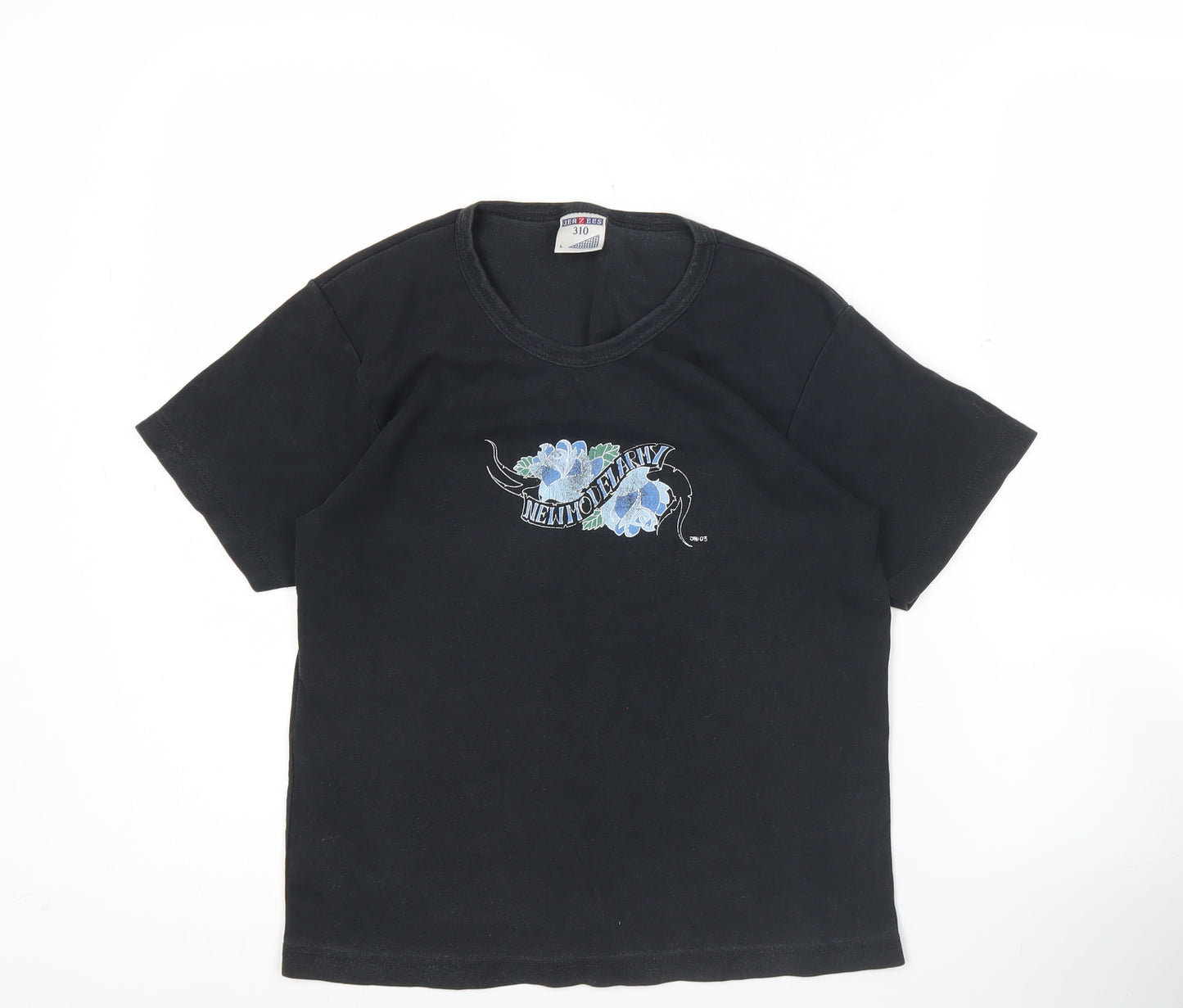 Russell Women Black L Embroidered Cotton Stretch T-Shirt