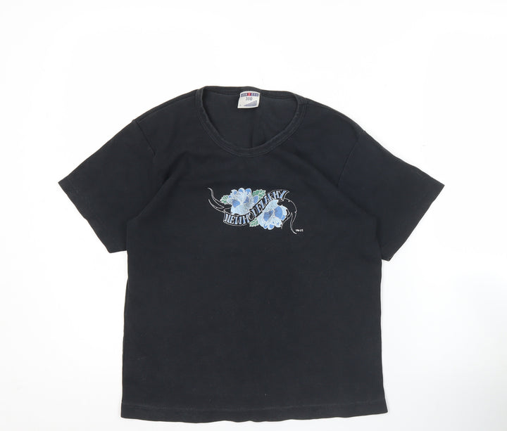 Russell Women Black L Embroidered Cotton Stretch T-Shirt