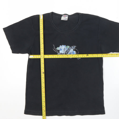 Russell Women Black L Embroidered Cotton Stretch T-Shirt