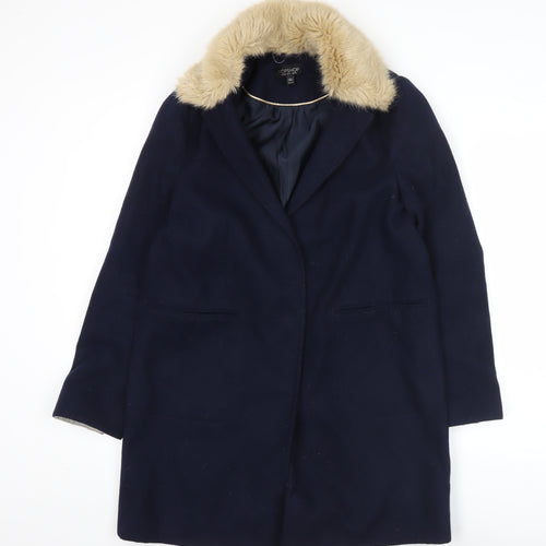 Topshop Womens Blue Faux Fur Collar Coat UK 10 Long Sleeve Overcoat