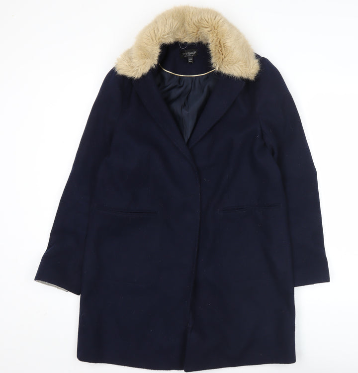 Topshop Womens Blue Faux Fur Collar Coat UK 10 Long Sleeve Overcoat