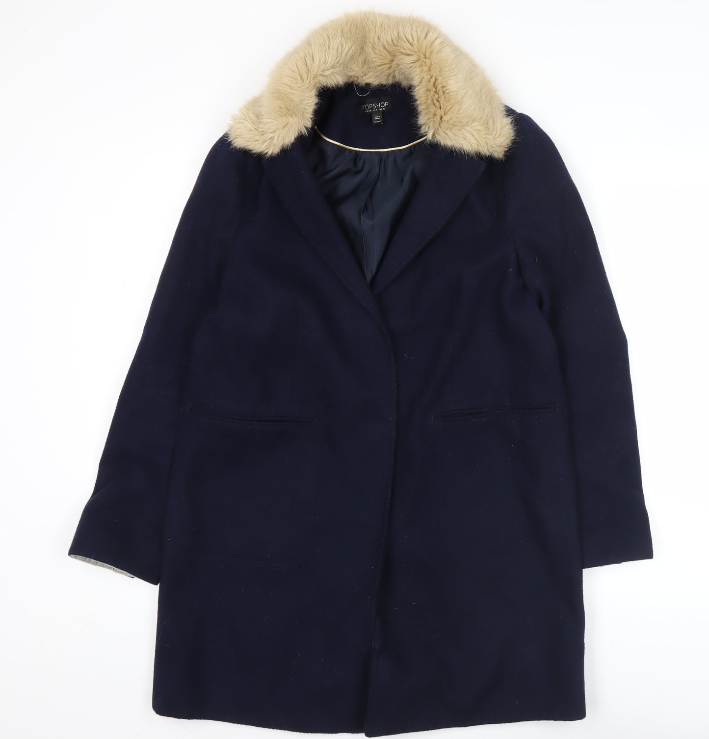 Topshop Womens Blue Faux Fur Collar Coat UK 10 Long Sleeve Overcoat