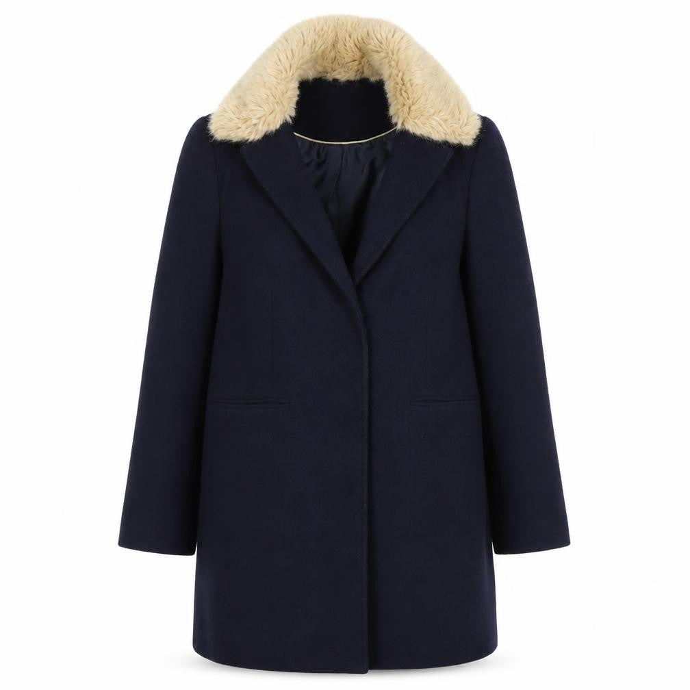 Topshop Womens Blue Faux Fur Collar Coat UK 10 Long Sleeve Overcoat