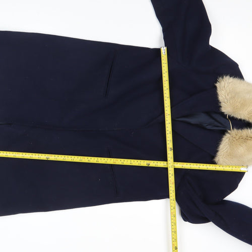 Topshop Womens Blue Faux Fur Collar Coat UK 10 Long Sleeve Overcoat