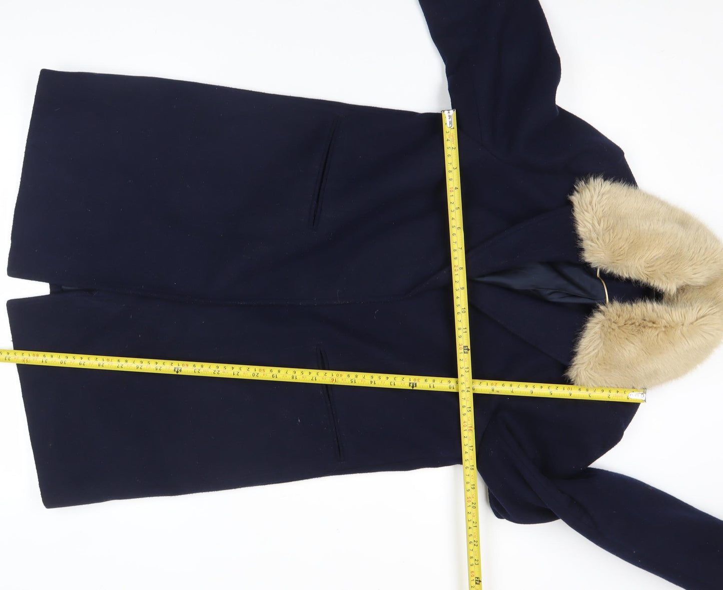 Topshop Womens Blue Faux Fur Collar Coat UK 10 Long Sleeve Overcoat