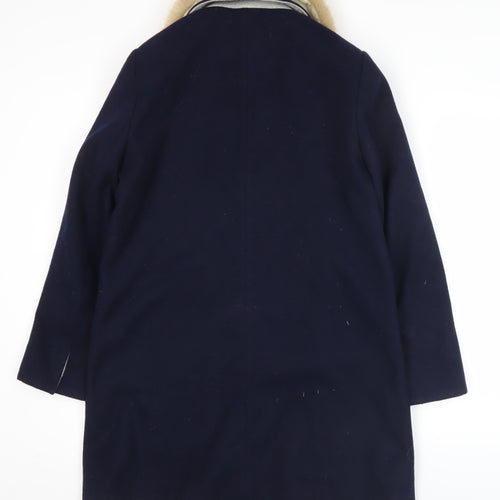 Topshop Womens Blue Faux Fur Collar Coat UK 10 Long Sleeve Overcoat