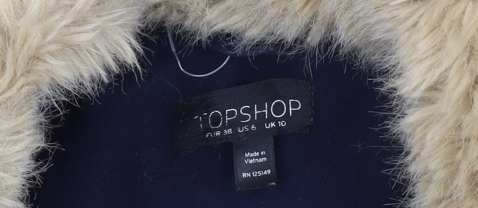 Topshop Womens Blue Faux Fur Collar Coat UK 10 Long Sleeve Overcoat