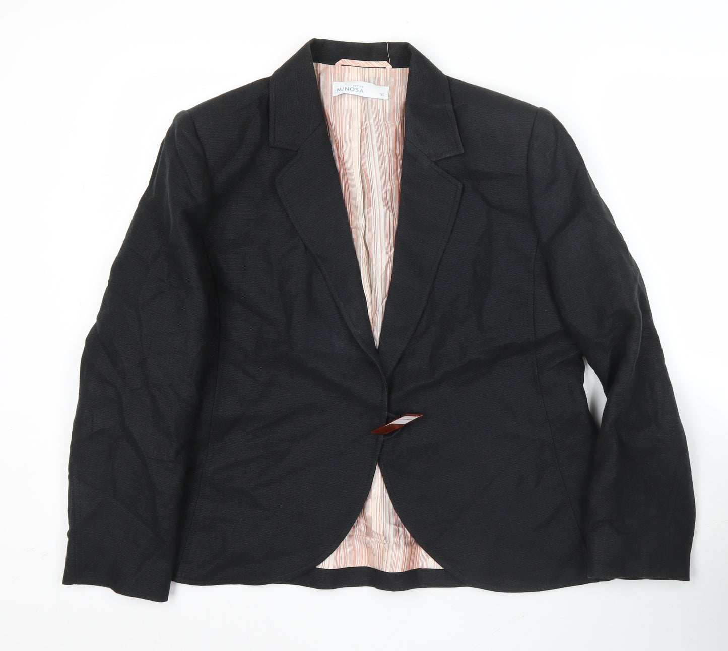 Minosa Petite Womens Black Blazer Size 16 Linen Cotton Work Jacket