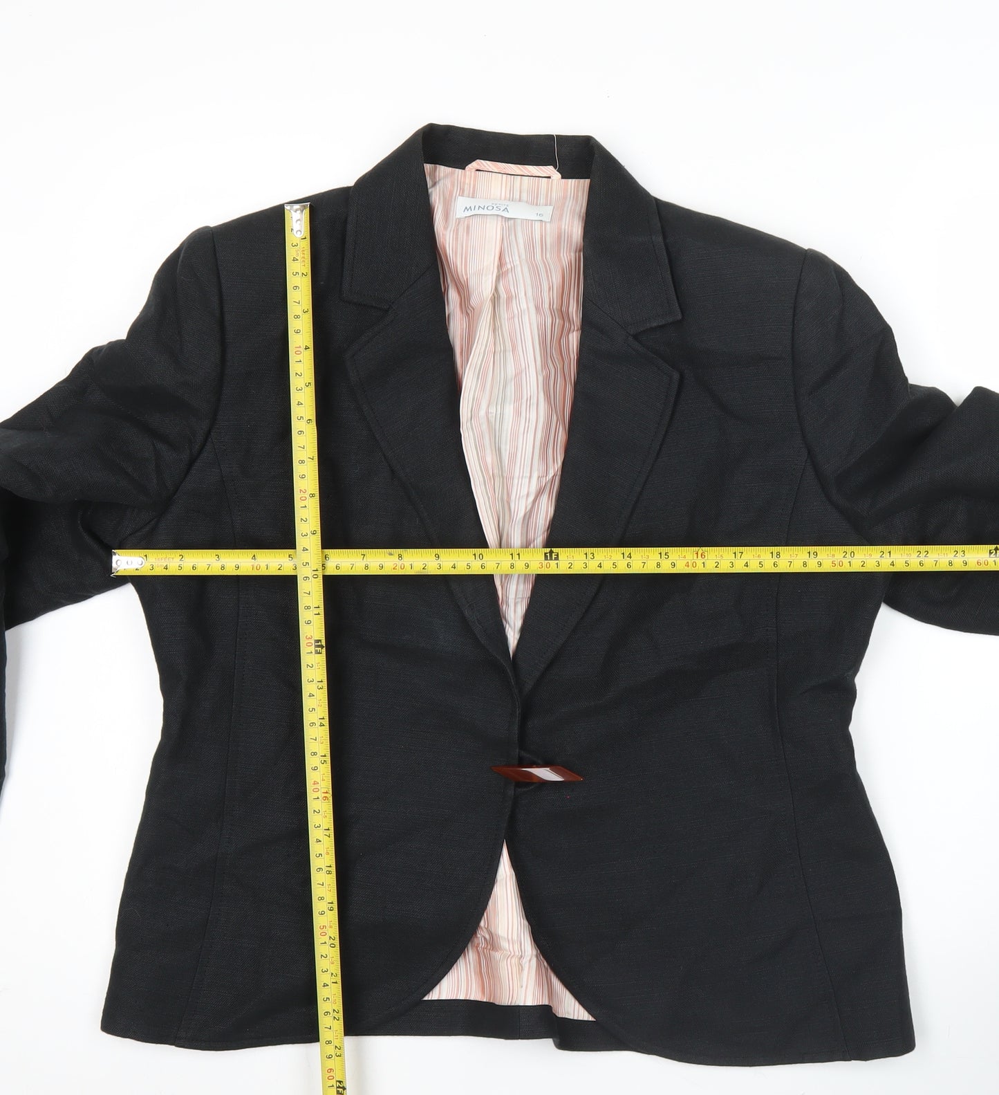 Minosa Petite Womens Black Blazer Size 16 Linen Cotton Work Jacket