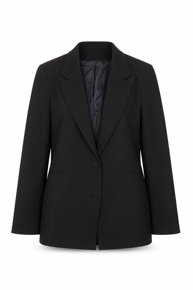Front view of Boohoo women’s black, size UK 12, blazer jacket tailored workwear