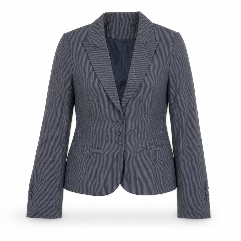 Front view of Warehouse Women Grey Pinstripe Suit Jacket UK 12 Single Breasted