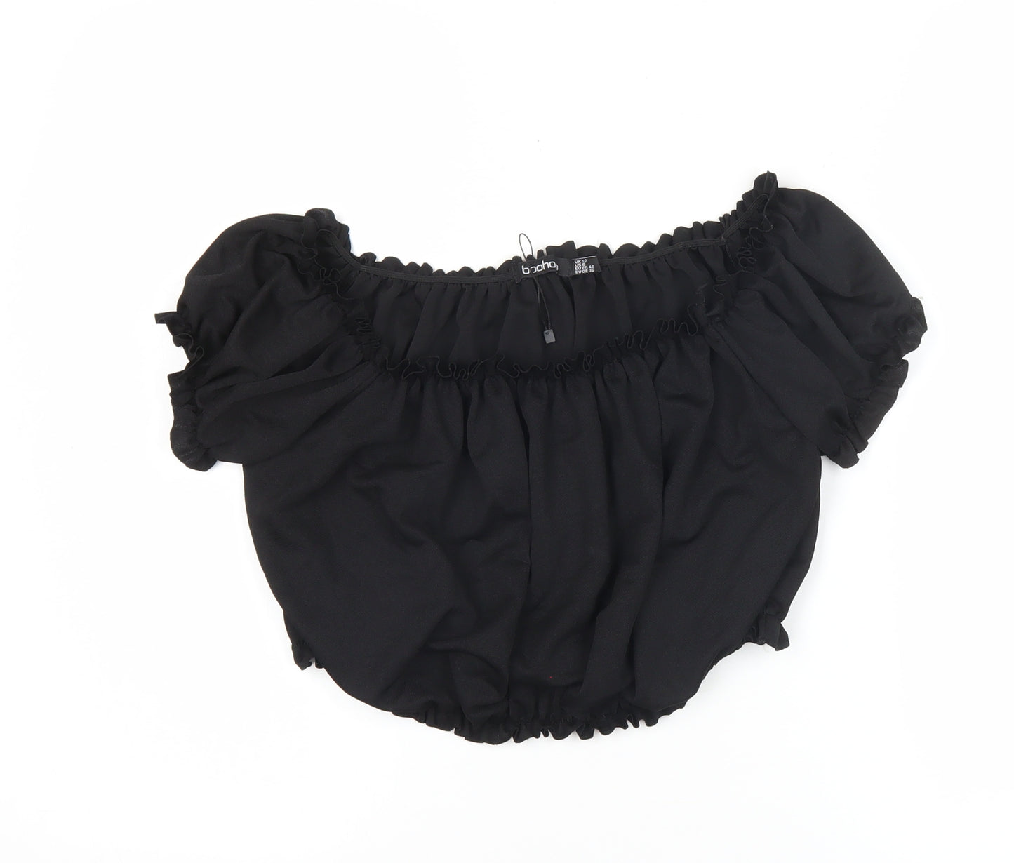 Boohoo Women Black UK 12 Cropped Off Shoulder Puff Sleeve Blouse