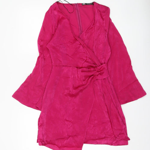 Zara Women Pink XS Wrap Mini Dress Long Sleeve Partywear
