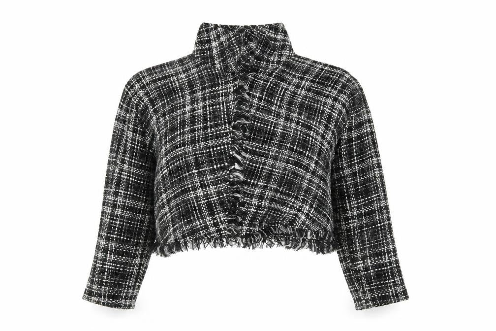 Front view of Zara Women Black Check Cropped Tweed Blouse, size M