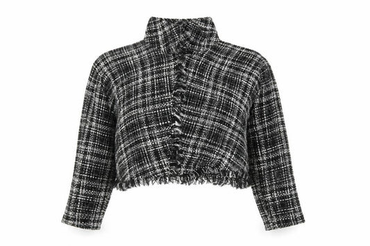Front view of Zara Women Black Check Cropped Tweed Blouse, size M