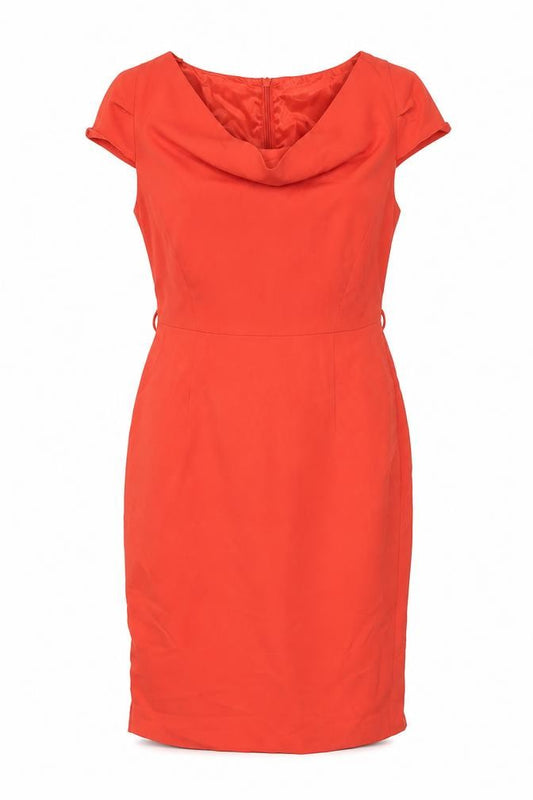 Front view of Next Women Red Sheath Knee Length Dress, size 10, Cowl Neck