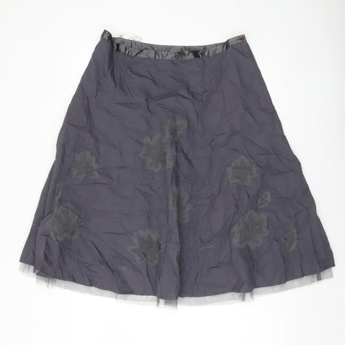 Next Womens Grey Floral Embroidered A-Line Skirt Size 14 Lined Cotton