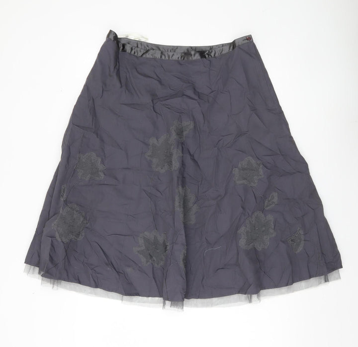 Next Womens Grey Floral Embroidered A-Line Skirt Size 14 Lined Cotton