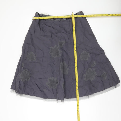 Next Womens Grey Floral Embroidered A-Line Skirt Size 14 Lined Cotton