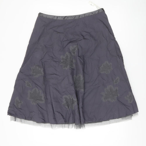 Next Womens Grey Floral Embroidered A-Line Skirt Size 14 Lined Cotton