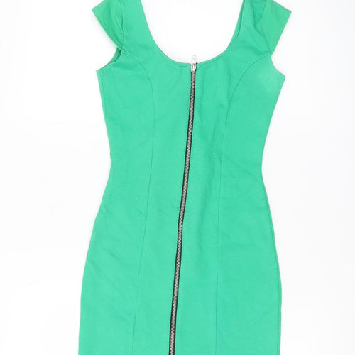 H&M Women’s Green Bodycon Short Dress Size 6 Scoop Neck Zip
