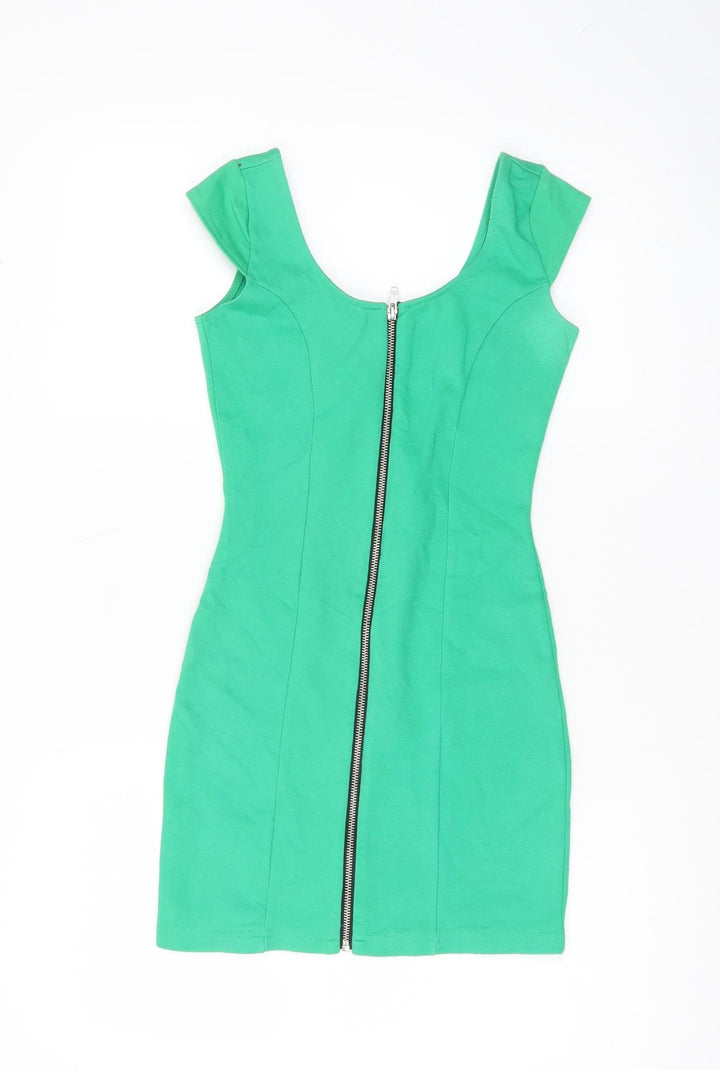 H&M Women’s Green Bodycon Short Dress Size 6 Scoop Neck Zip