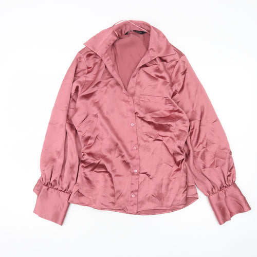 Zara Women Pink Satin Blouse Size 8 Long Sleeve Collared Shirt