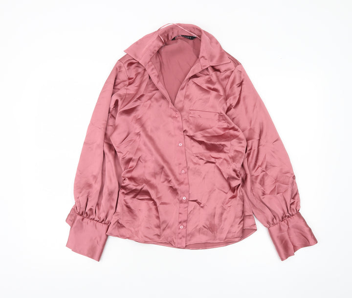 Zara Women Pink Satin Blouse Size 8 Long Sleeve Collared Shirt