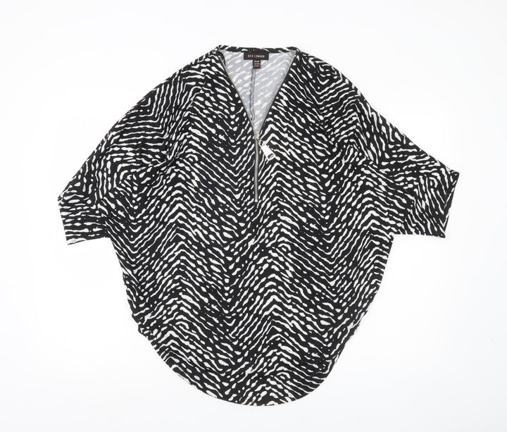QED London Women’s Black Animal Print Zip Tunic Blouse S/M