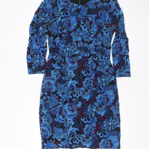 Whistles Women’s Blue Silk Floral Sheath Dress UK 12 Long Sleeve