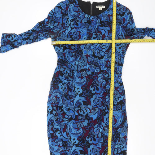 Whistles Women’s Blue Silk Floral Sheath Dress UK 12 Long Sleeve