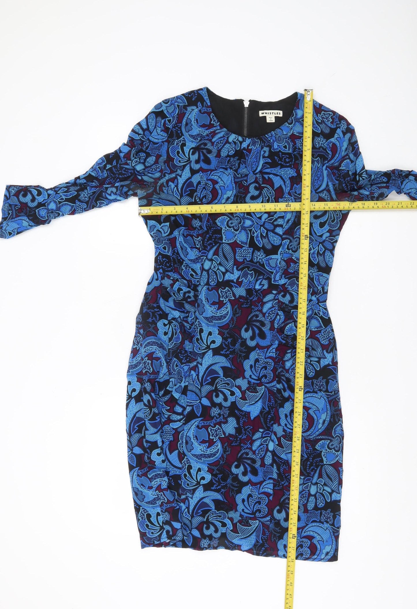 Whistles Women’s Blue Silk Floral Sheath Dress UK 12 Long Sleeve