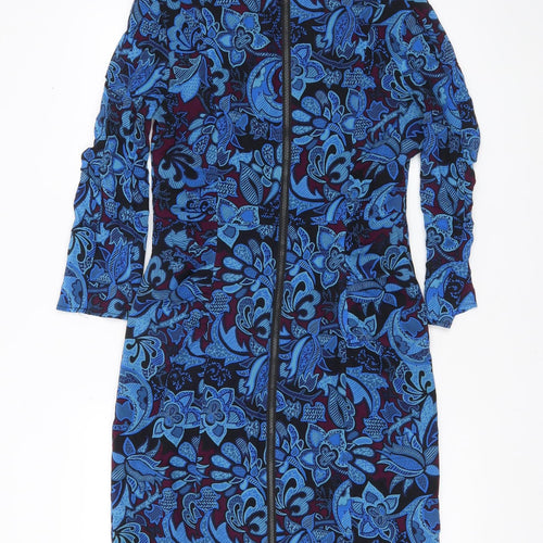 Whistles Women’s Blue Silk Floral Sheath Dress UK 12 Long Sleeve