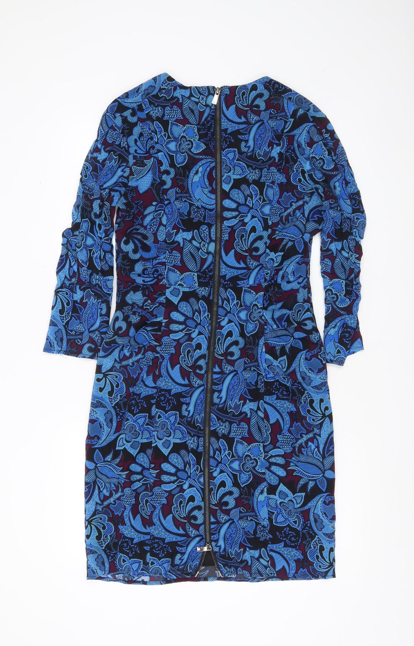 Whistles Women’s Blue Silk Floral Sheath Dress UK 12 Long Sleeve