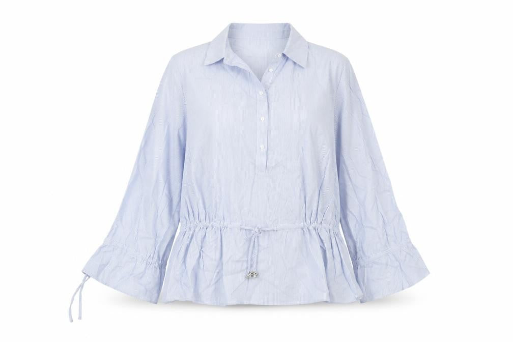 Front view of Find women’s blue striped cotton tunic blouse m collared long sleeve