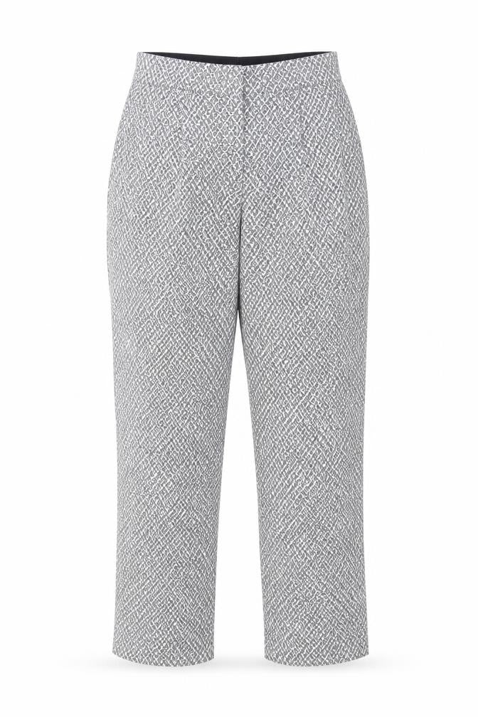 Front view of Marks & Spencer women’s multicoloured geometric slim chino trousers, size UK 8