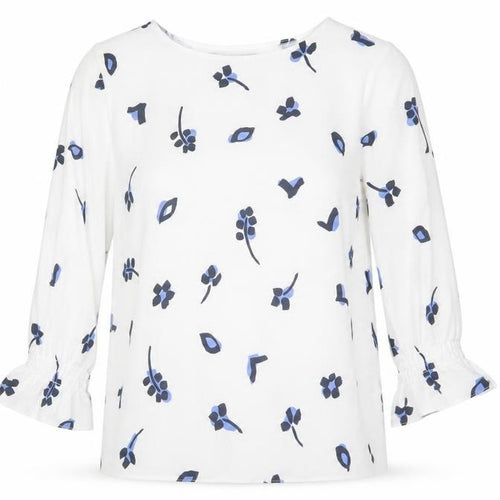French Connection Women White Blue Floral Blouse Size 12 3/4 Sleeve