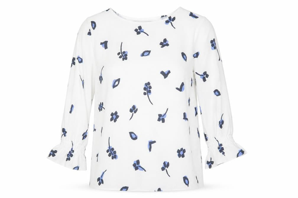 French Connection Women White Blue Floral Blouse Size 12 3/4 Sleeve