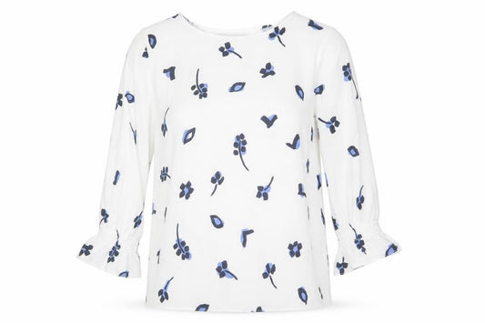 Front view of French Connection Women White Blue Floral Blouse, size 12, 3/4 Sleeve