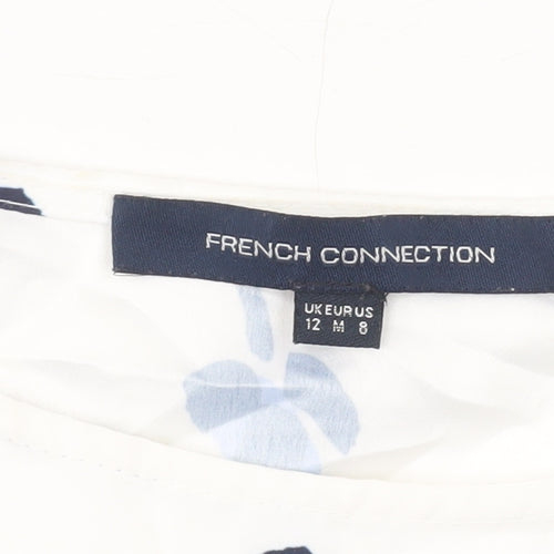 French Connection Women White Blue Floral Blouse Size 12 3/4 Sleeve