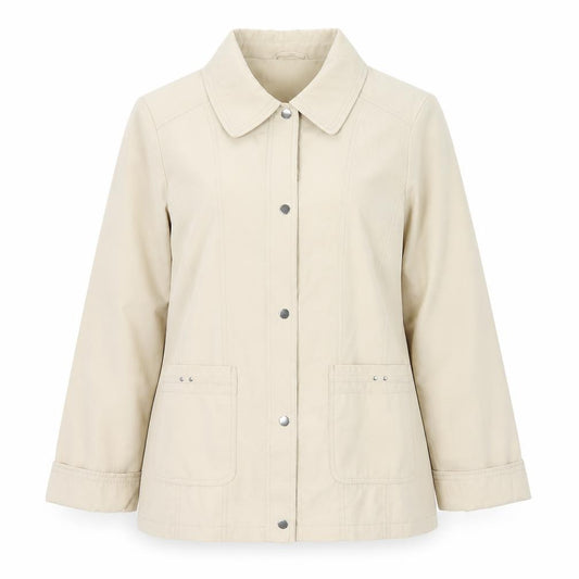 Front view of EWM Women’s Beige Mid-Length Basic Jacket, size UK 12, Polyester