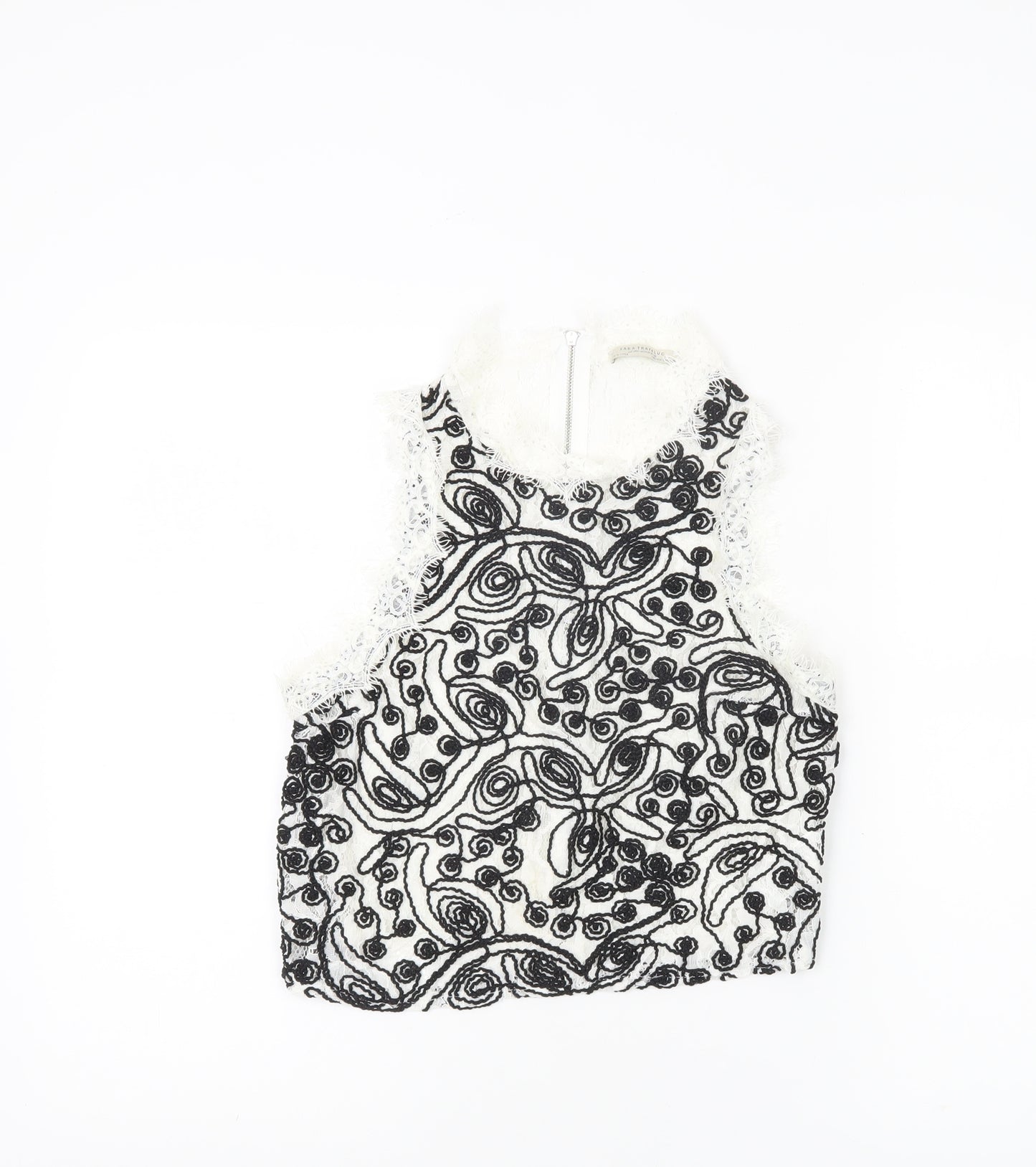 Zara Trafaluc Womens White Black Lace Embroidered Cropped Blouse S