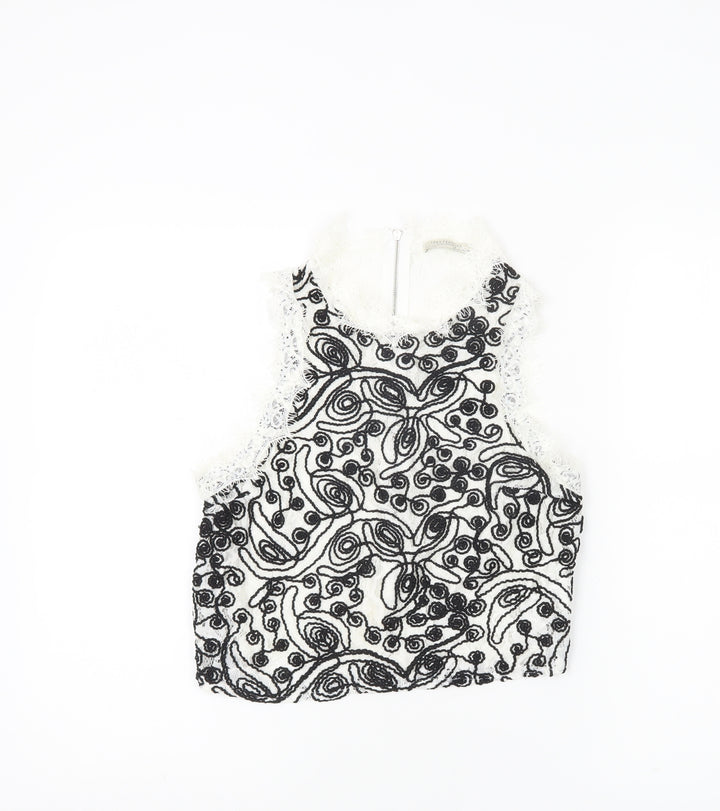 Zara Trafaluc Womens White Black Lace Embroidered Cropped Blouse S