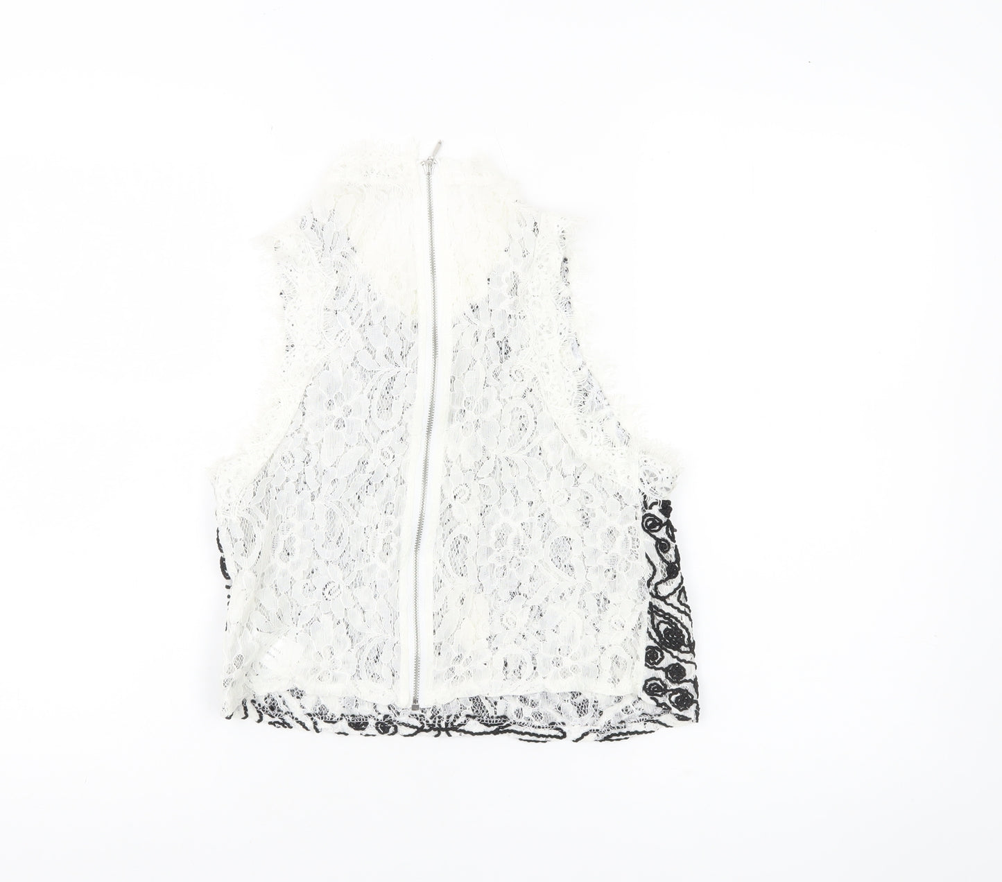Zara Trafaluc Womens White Black Lace Embroidered Cropped Blouse S