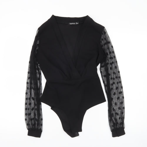 Boohoo Women Black Size 8 Sheer Sleeve Polka Dot Bodysuit