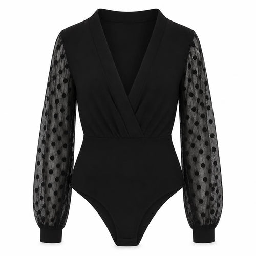 Boohoo Women Black Size 8 Sheer Sleeve Polka Dot Bodysuit