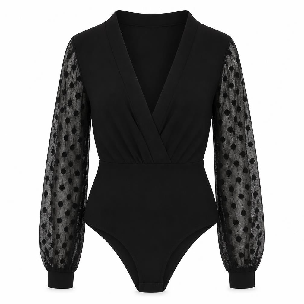 Boohoo Women Black Size 8 Sheer Sleeve Polka Dot Bodysuit