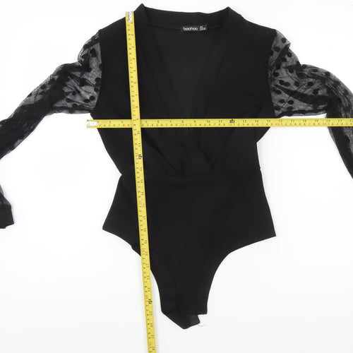 Boohoo Women Black Size 8 Sheer Sleeve Polka Dot Bodysuit
